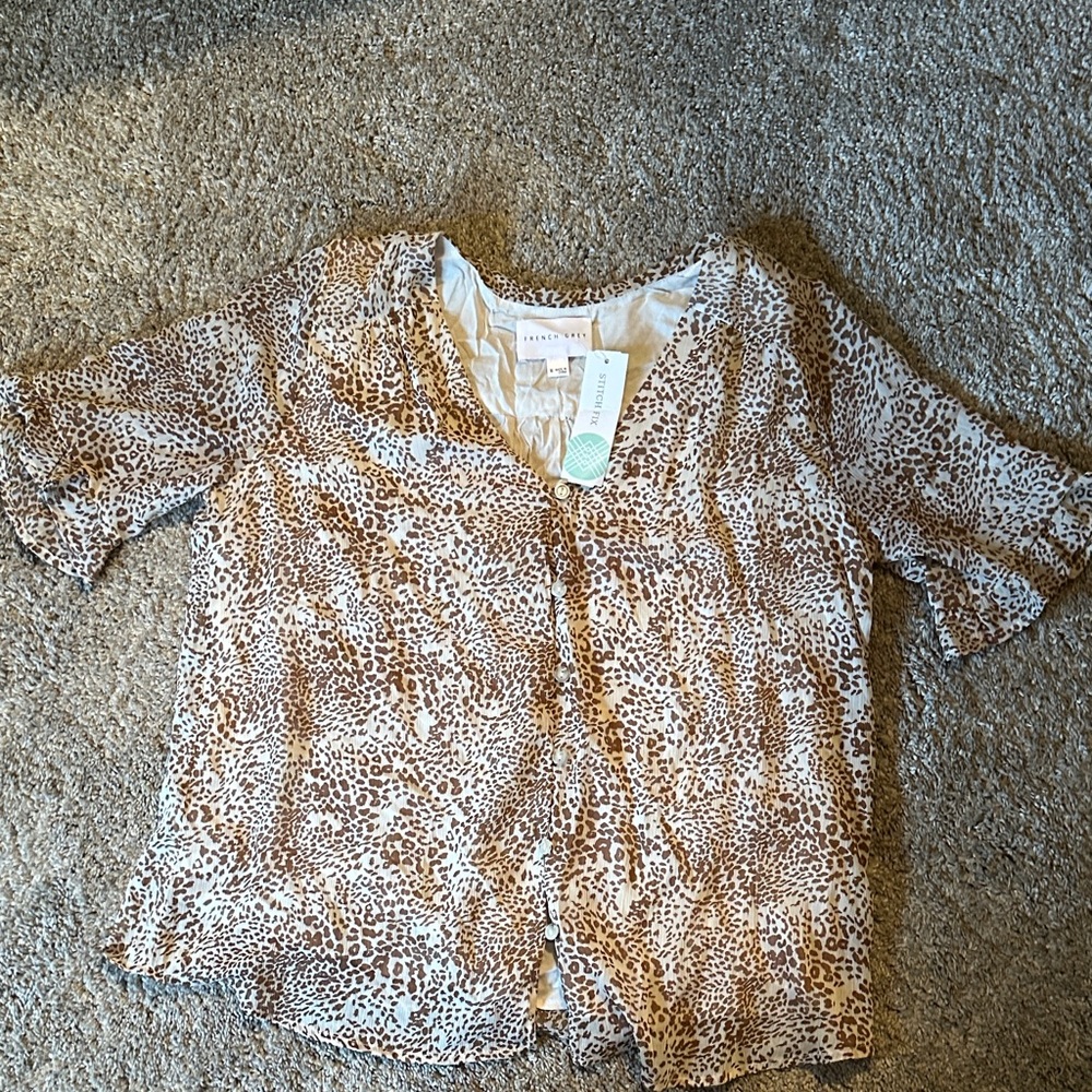 French Grey Leopard Print Blouse - Brown and White
